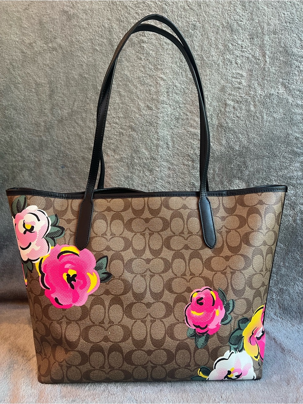 Coach Brown Signature Tote with Pink & Yellow Floral Print - Picture 2 of 5